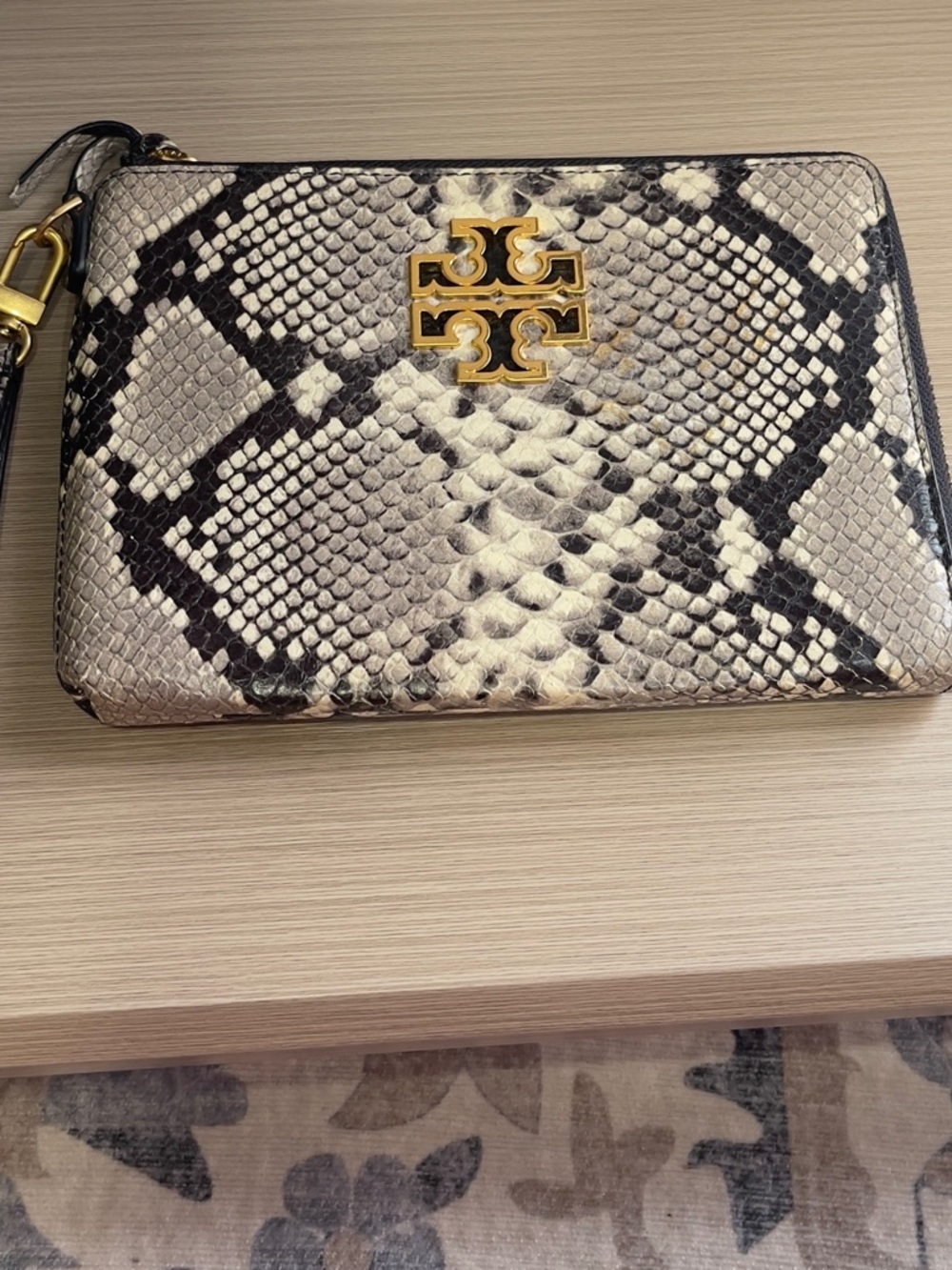 Tory Burch Snake-Print Zip Wristlet in Black & Cream with Gold Logo